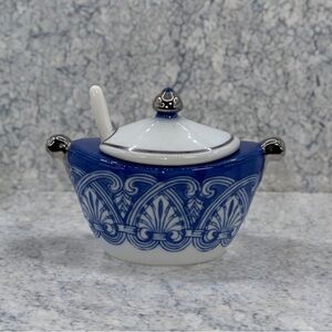 Bombay Blue and White Ceramic Sugar Bowl with Spoon